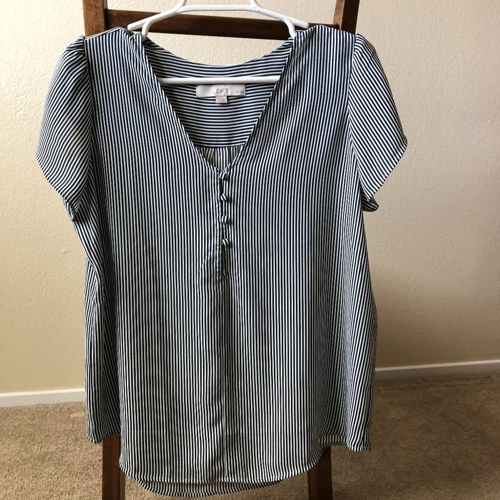 Loft Navy and White Striped V-Neck Sheer Top - Size Petite Medium (PM)